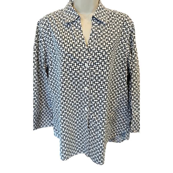 Foxcroft Easy Care Pinpoint Stretch Chain Print Button-Up Shirt Womens XL black - Picture 1 of 8